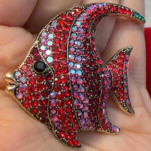 Fish Brooch Red Rhinestone Statement Pin – 2.25” Long